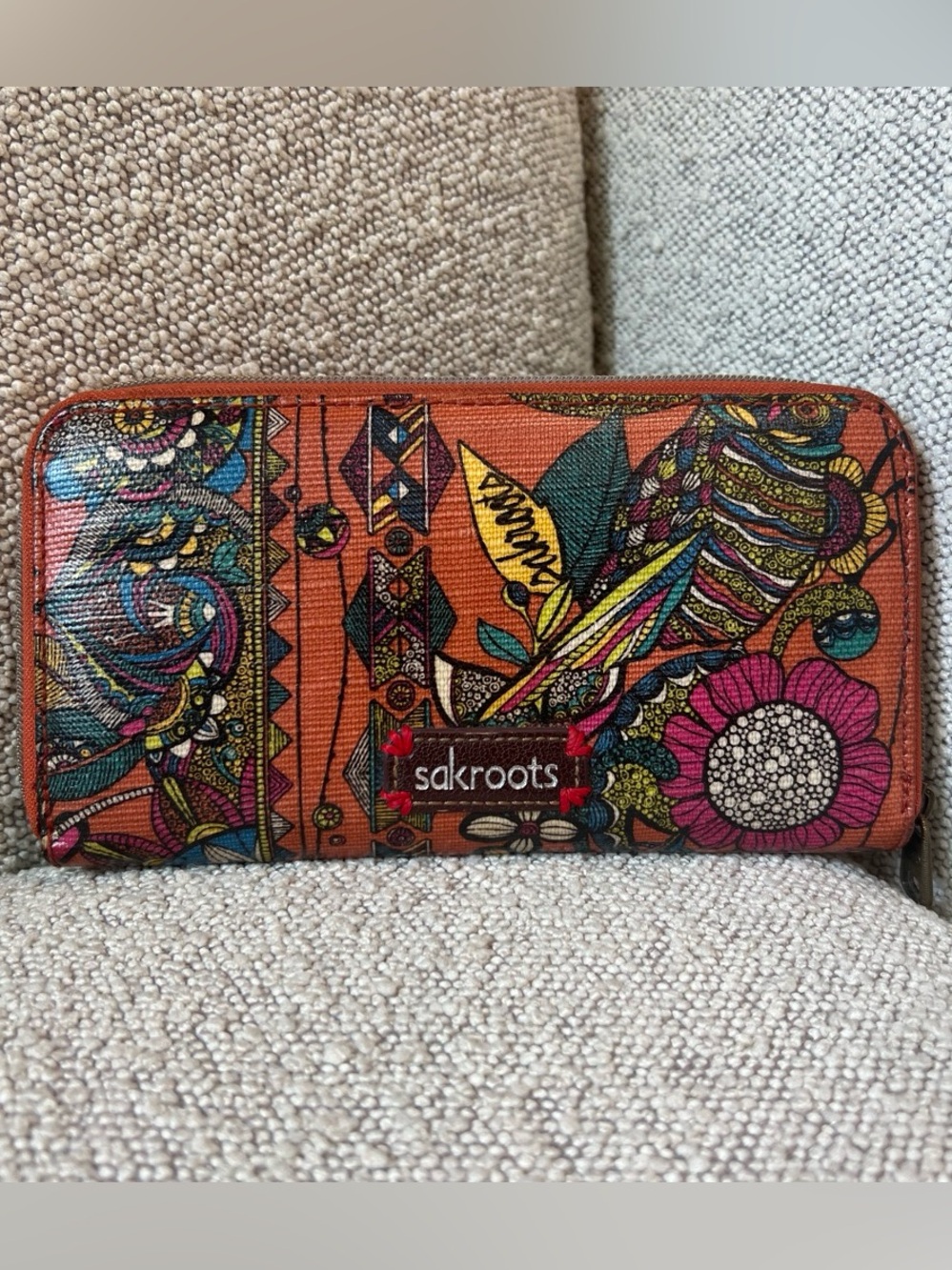 Sakroots Orange Multicolor Floral Owl Zip Wallet